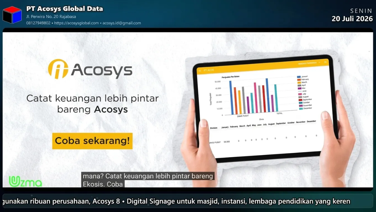 Tampilan UZMA Signage: slide promo, nomor antrian, dan teks berjalan di layar TV