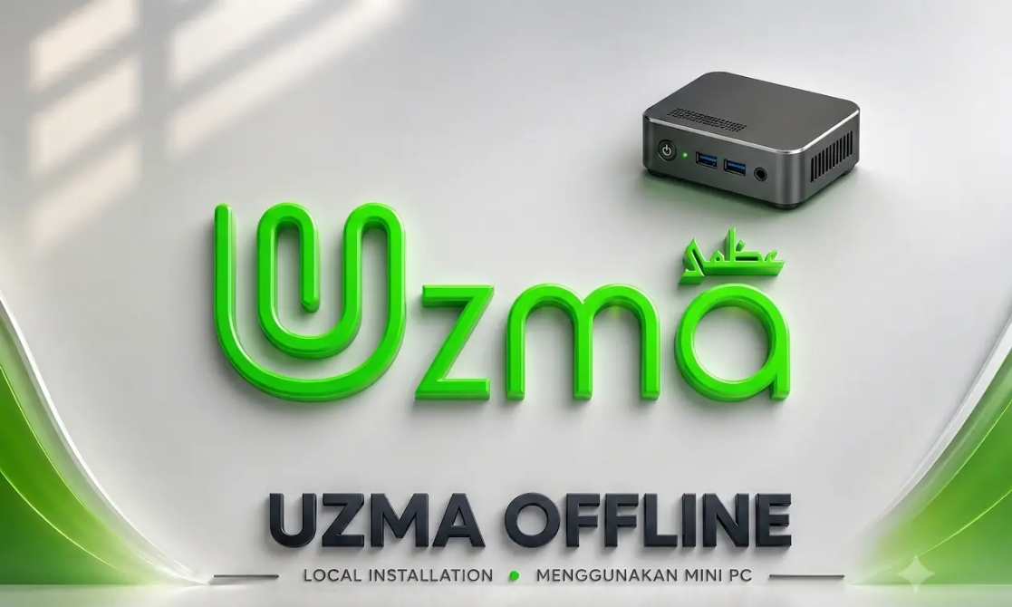 Tampilan UZMA Signage: slide promo, nomor antrian, dan teks berjalan di layar TV