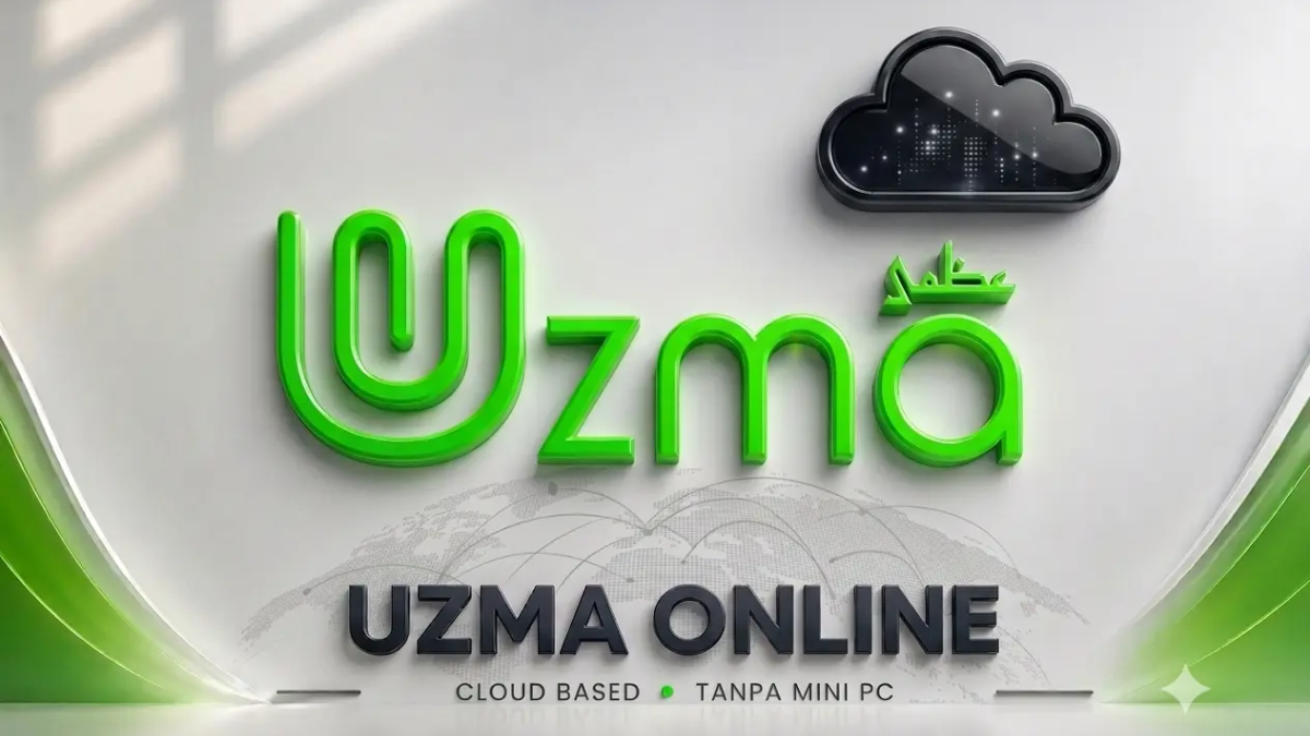 Tampilan UZMA Masjid: jam, kalender Hijriah, dan jadwal solat di layar TV