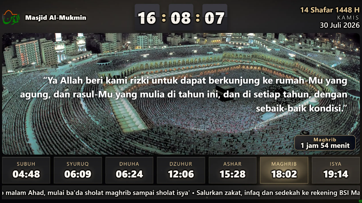 Tampilan UZMA Masjid: jam, kalender Hijriah, dan jadwal solat di layar TV