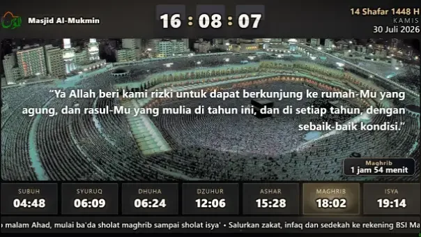 Tampilan UZMA Masjid: jam, kalender Hijriah, dan jadwal solat di layar TV