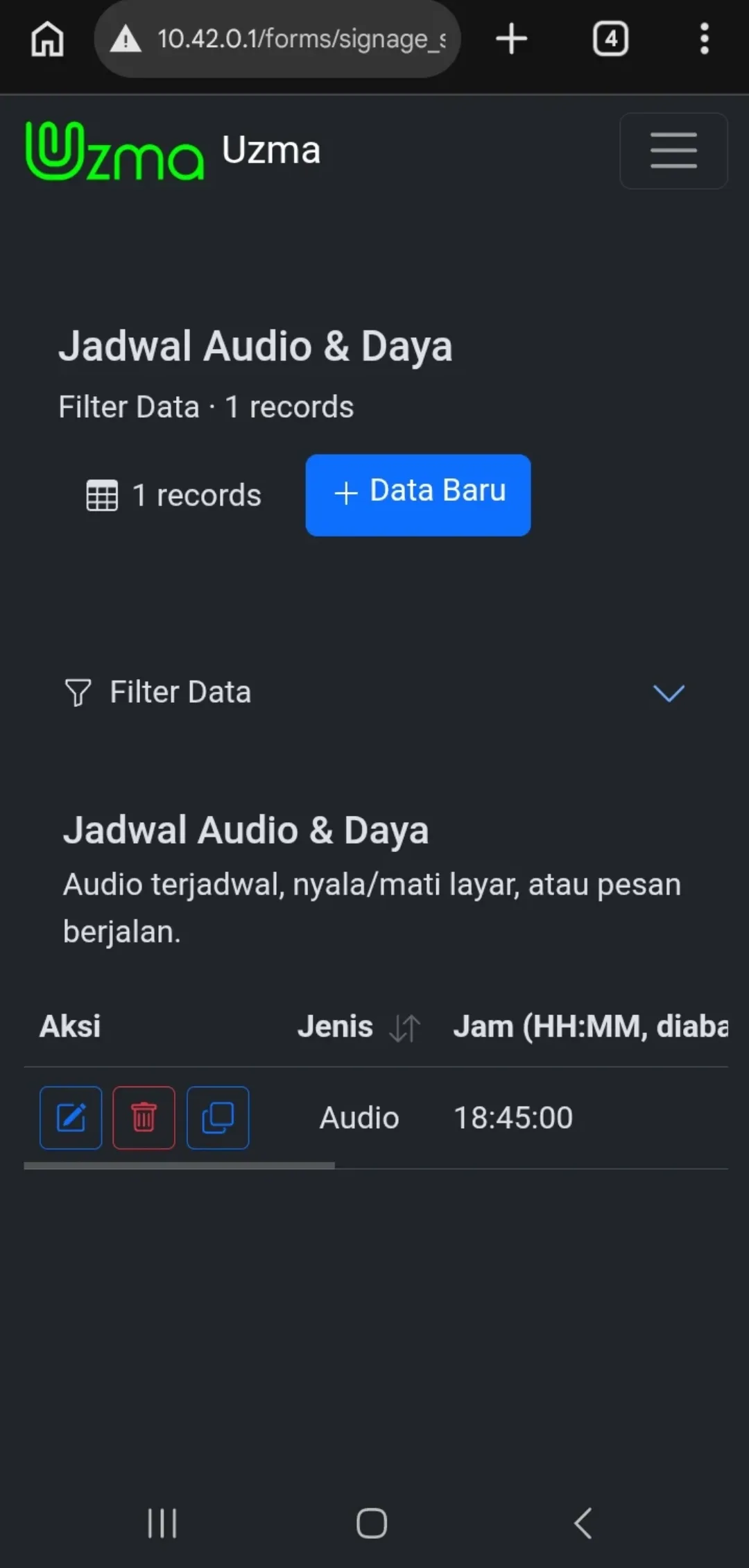 Panel jadwal audio dan manajemen daya