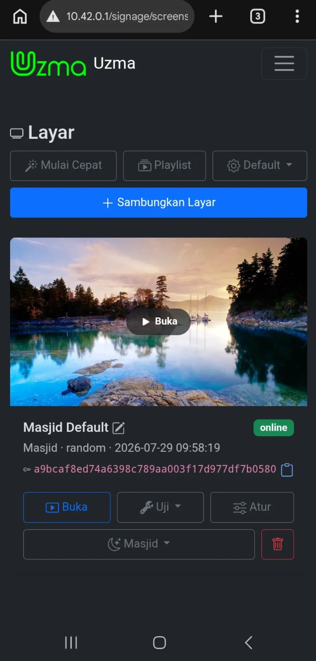 Panel daftar layar dan statusnya